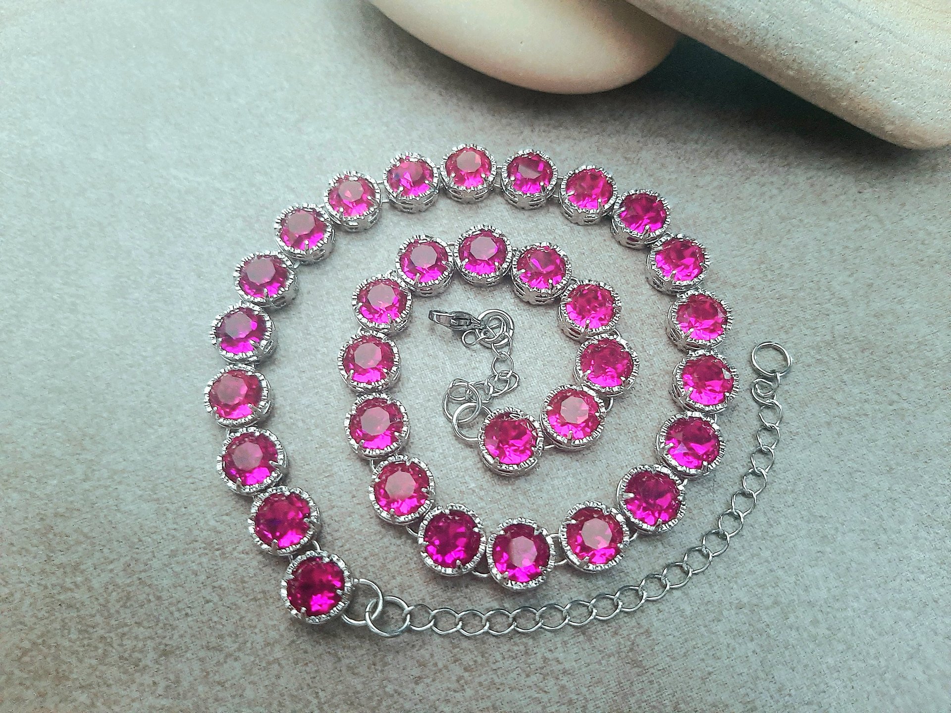 Fuchsia Crystal Necklace | Platinum Jewelry Art Deco Rhinestone Collet for Women