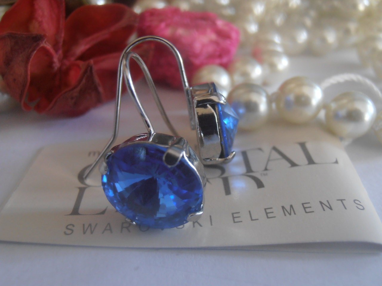 Light Sapphire Blue Rivoli Earrings 1122 / Crystal 12mm / Rhodium Dangle Drop Earrings / Girl Birthday Gift