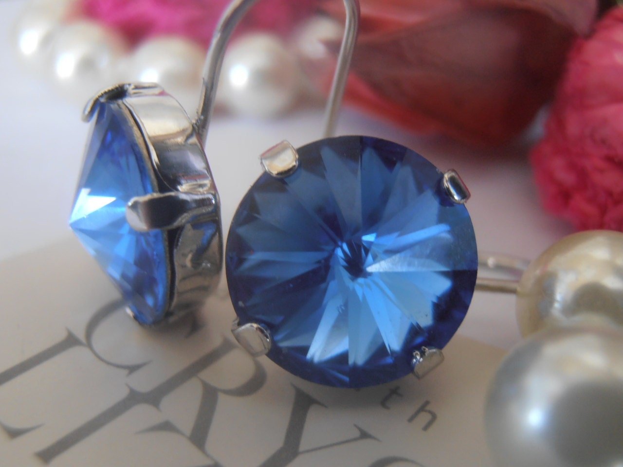 Light Sapphire Blue Rivoli Earrings 1122 / Crystal 12mm / Rhodium Dangle Drop Earrings / Girl Birthday Gift