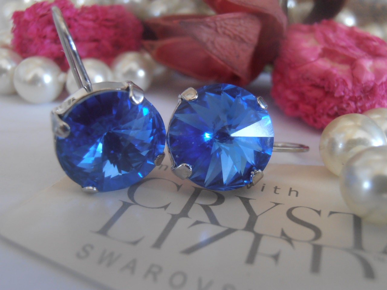 Light Sapphire Blue Rivoli Earrings 1122 / Crystal 12mm / Rhodium Dangle Drop Earrings / Girl Birthday Gift