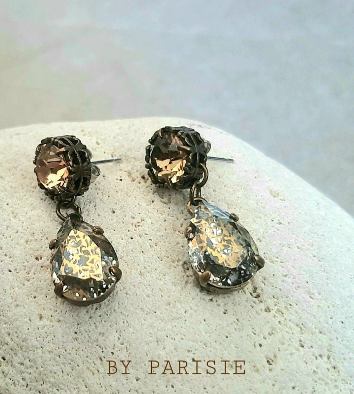 Gold Patina Crystal Teardrop Earrings in Bronze | Antique Jewelry | Handmade Gifts