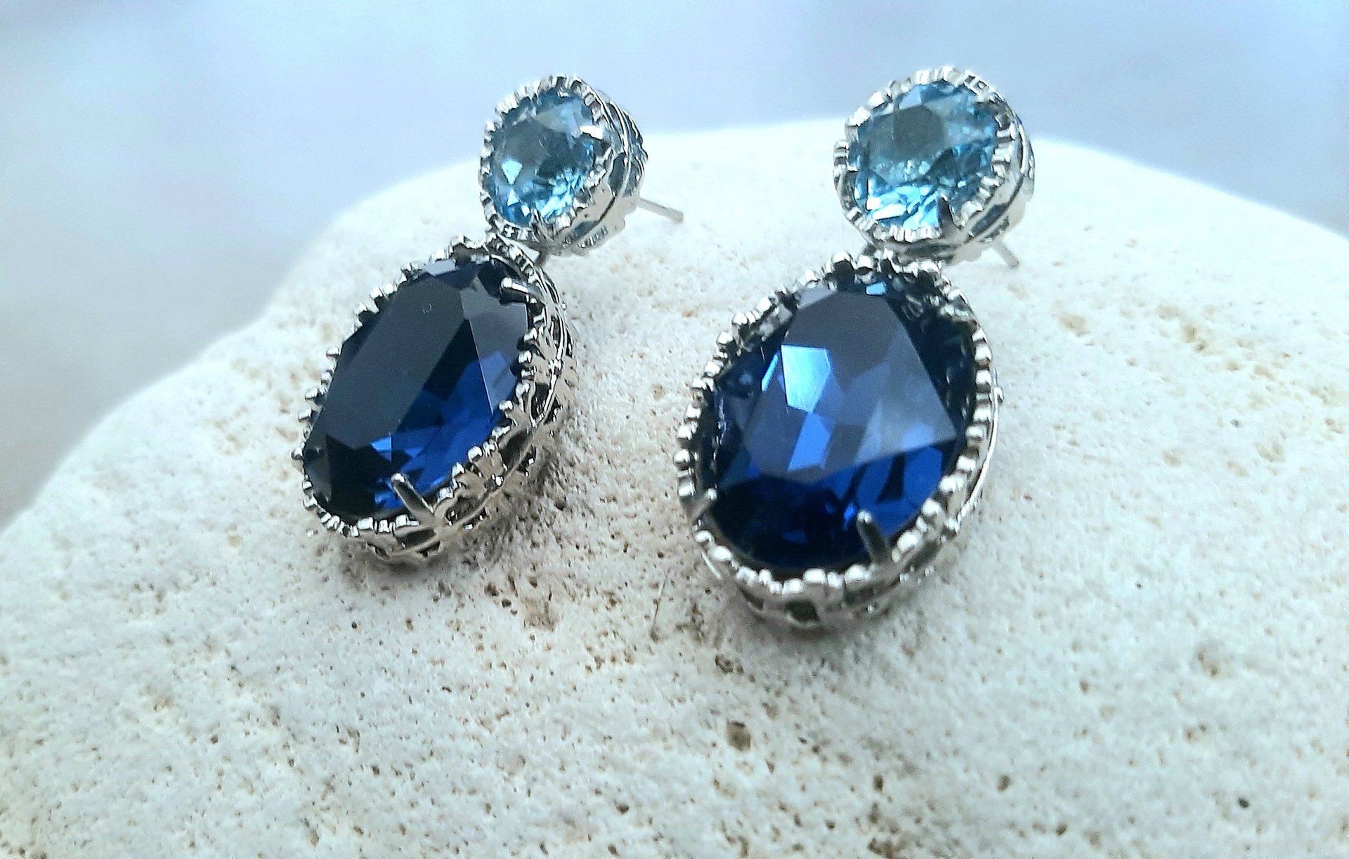 Blue Montana Two Stone Dangle Earrings in Platinum 