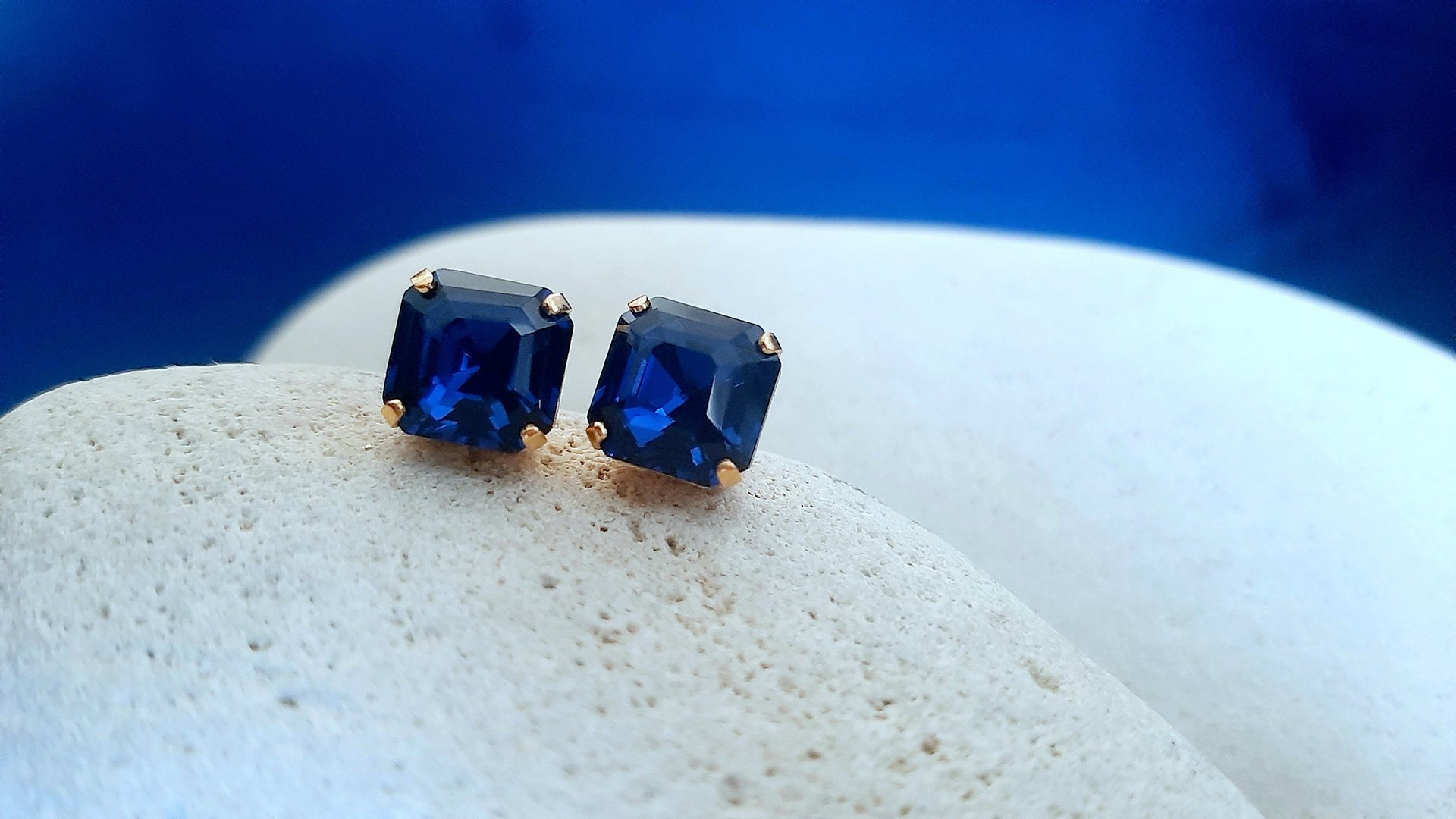 Asscher Cut Dark Sapphire Stud Earrings