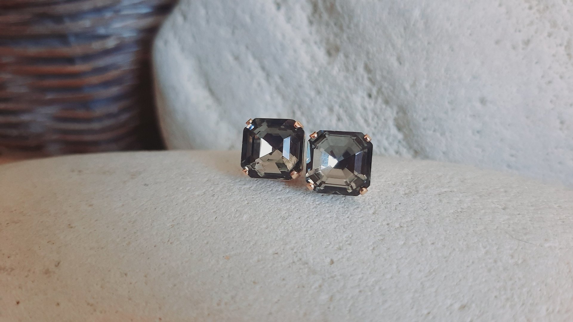 Black Diamond Crystal Post Earrings in Gold - Handmade Jewelry