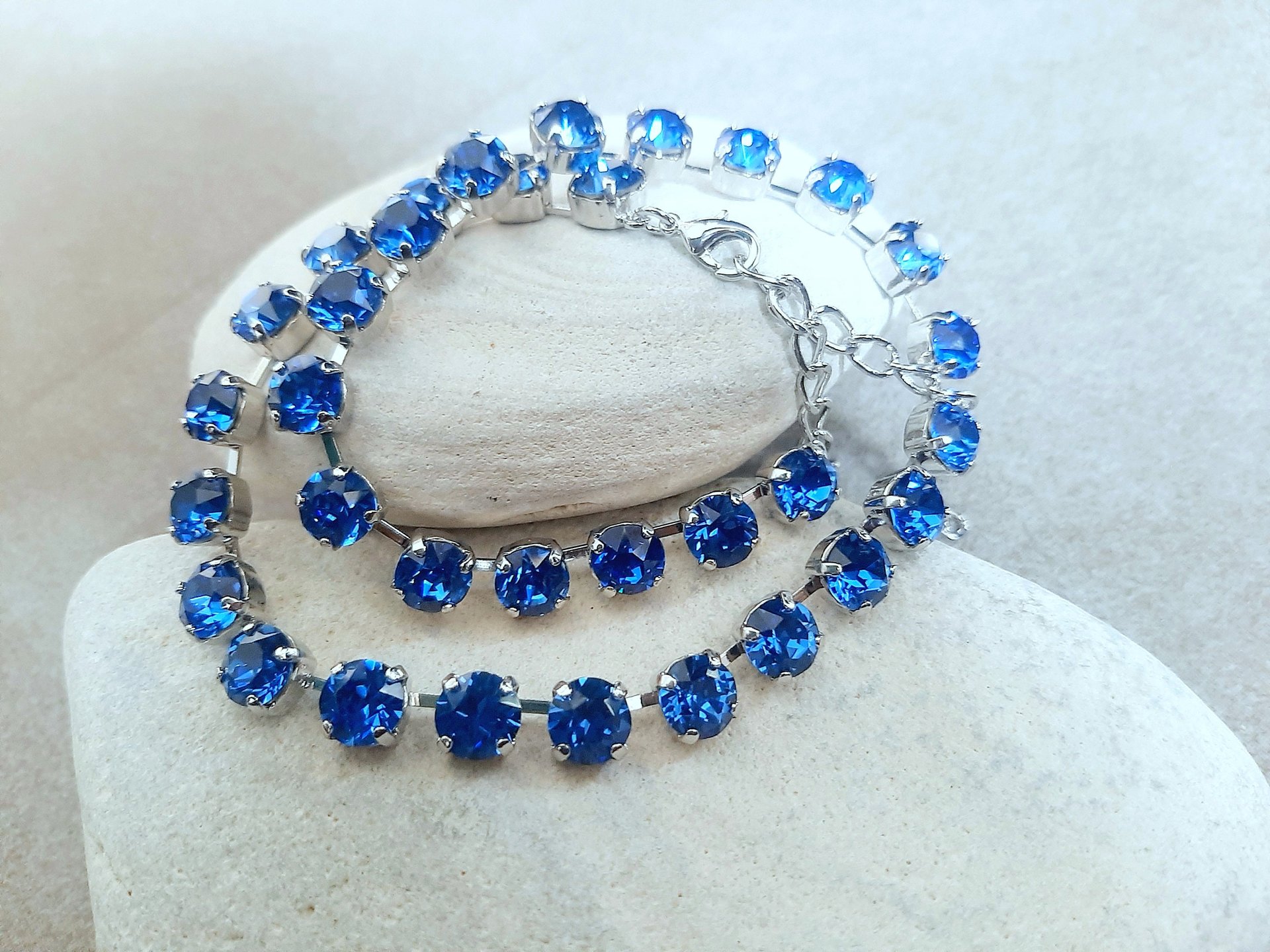 Blue Sapphire Crystal Tennis Necklace | Silver Rhinestone Collet