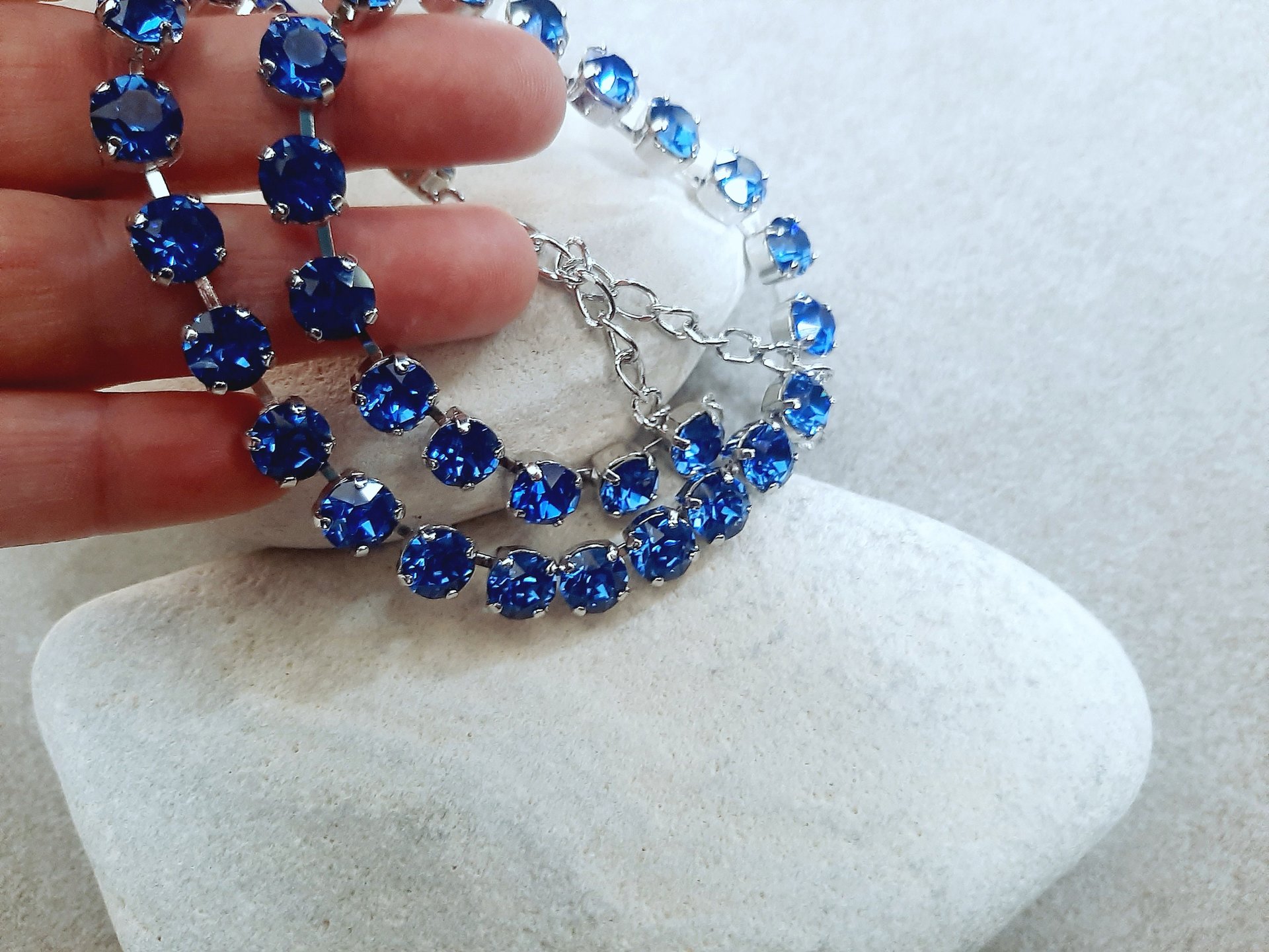 Blue Sapphire Crystal Tennis Necklace | Silver Rhinestone Collet