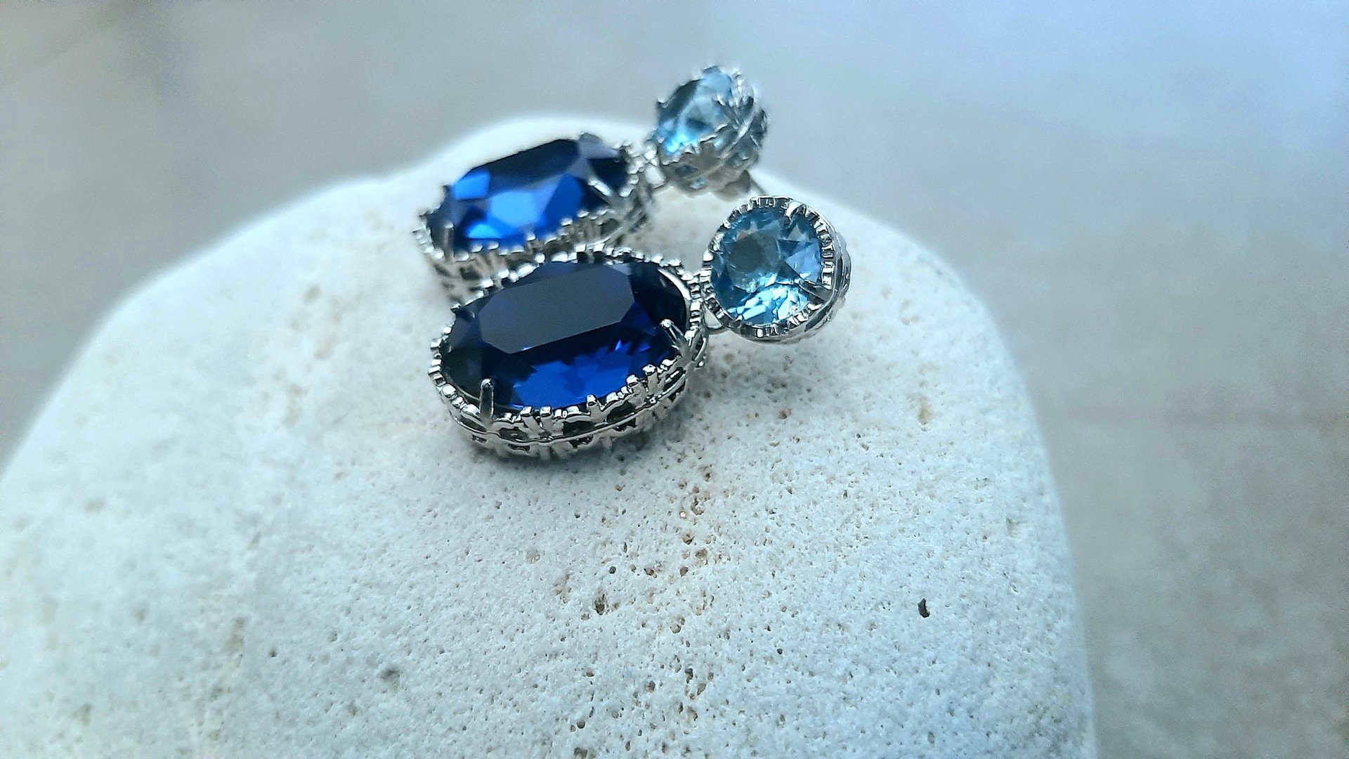 Blue Montana Two Stone Dangle Earrings in Platinum 