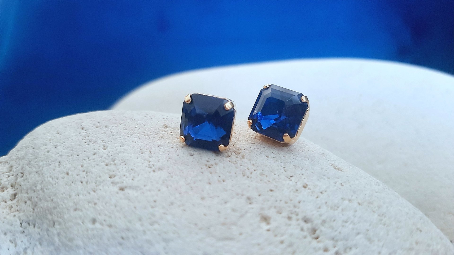 Asscher Cut Dark Sapphire Stud Earrings