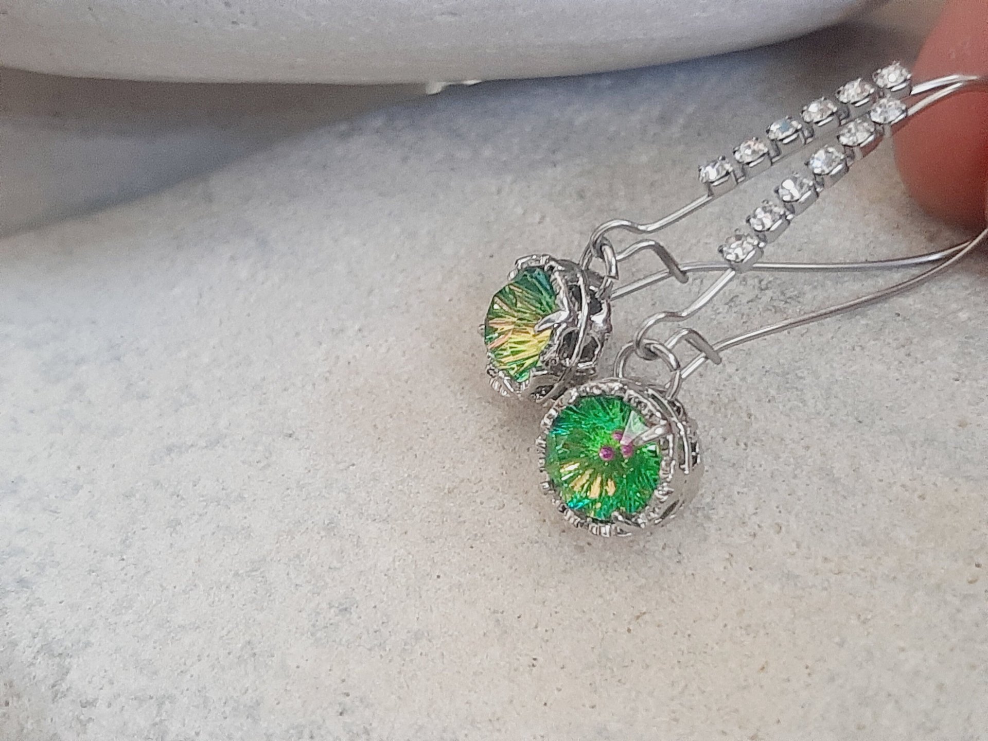 Green Concave Threader Earrings | Long Dangle & Drop Art Deco Earrings