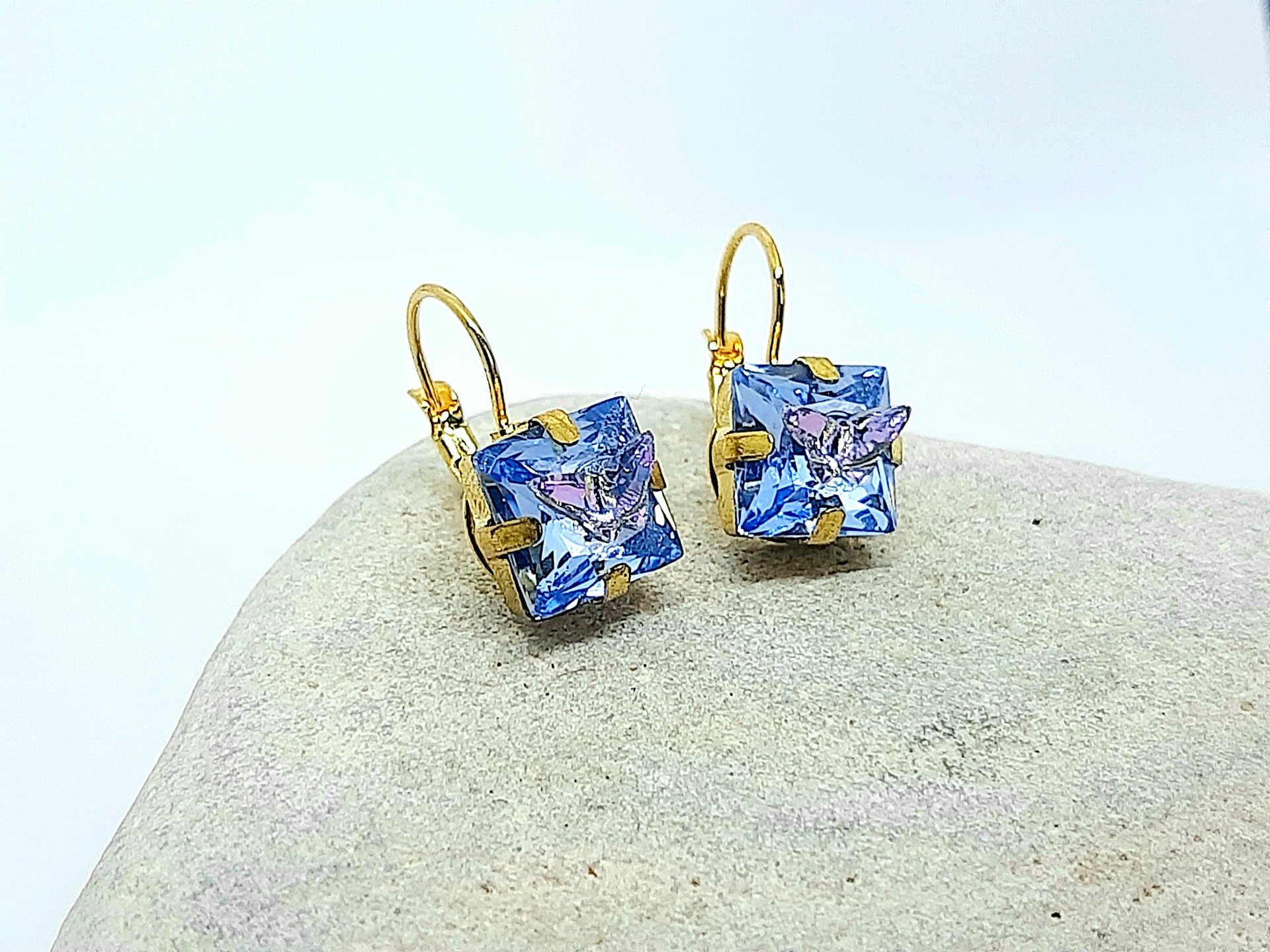 Light Blue and Pink Butterfly Dangle Earrings in Gold | Square Crystal Jewelry