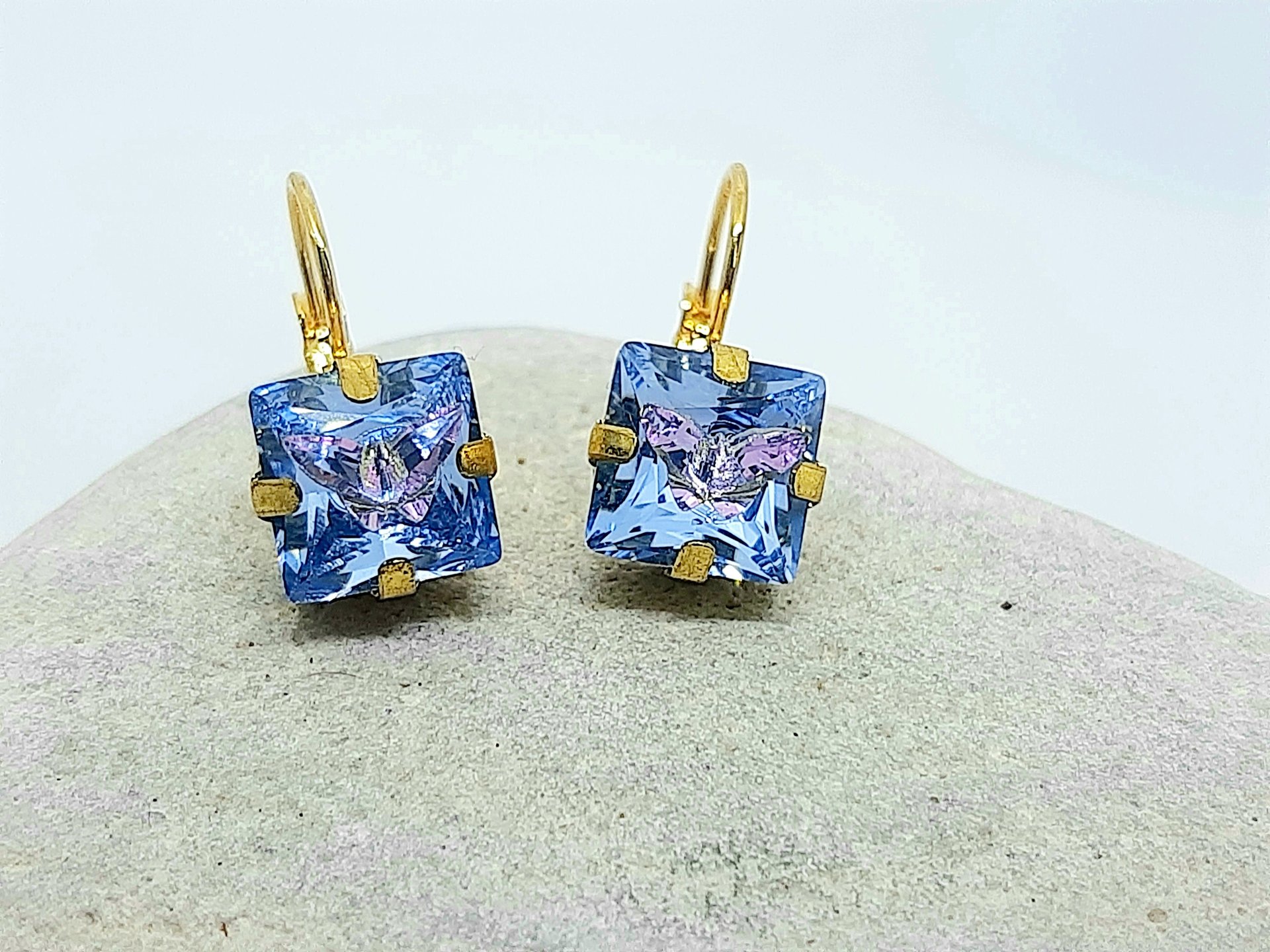 Light Blue and Pink Butterfly Dangle Earrings in Gold | Square Crystal Jewelry