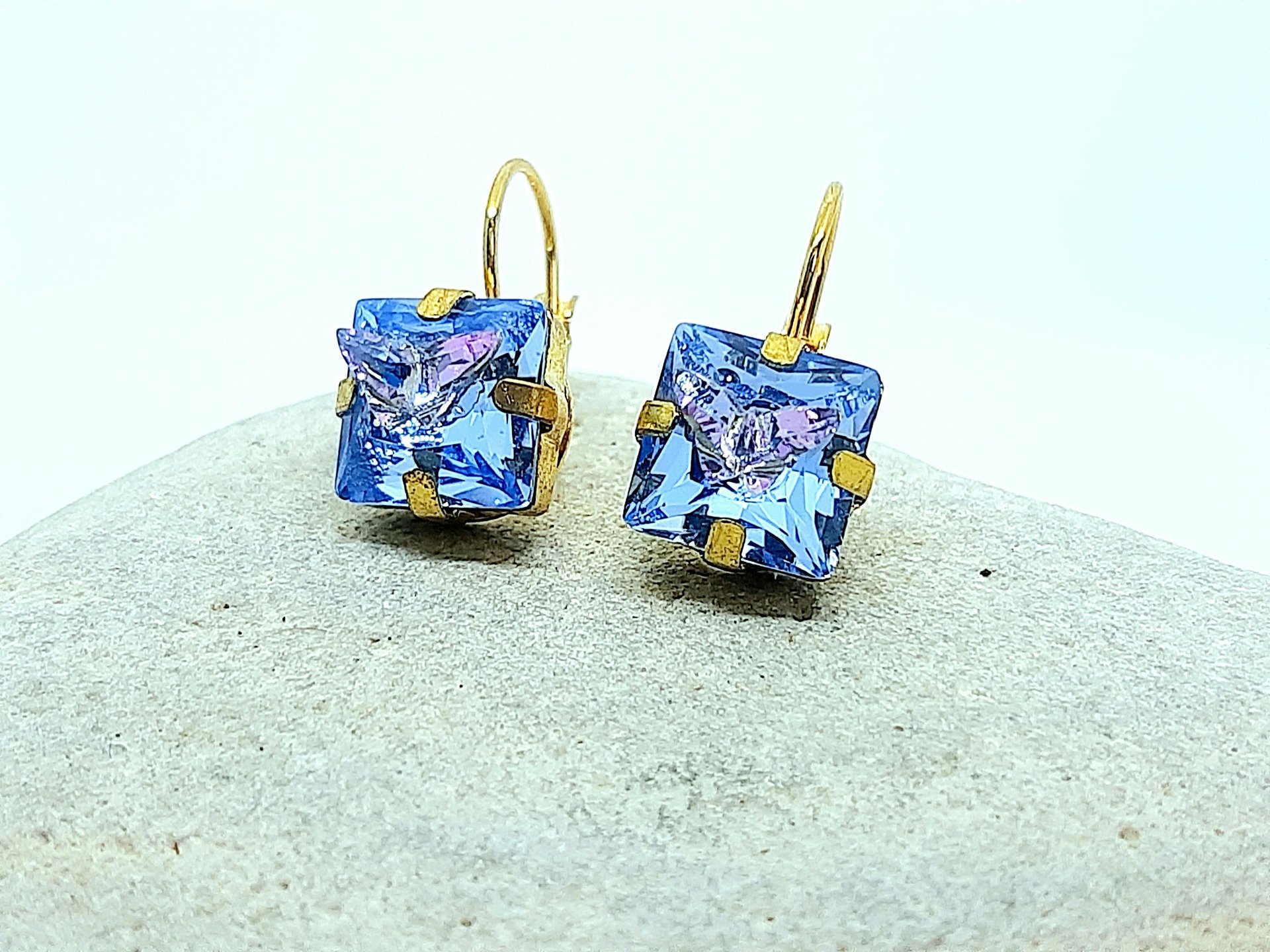 Light Blue and Pink Butterfly Dangle Earrings in Gold | Square Crystal Jewelry