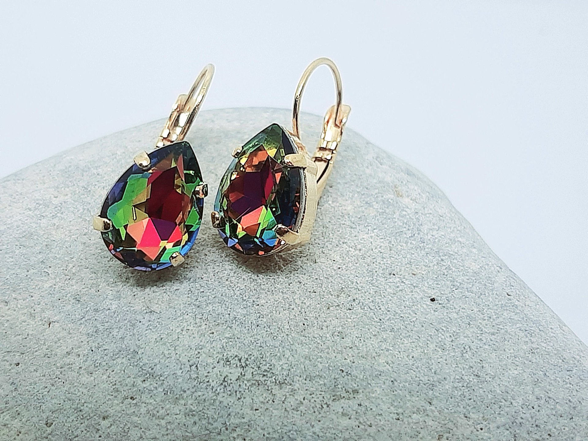 Vitrail Green Teardrop Dangle Earrings in Gold | Artisan Crystal Jewelry