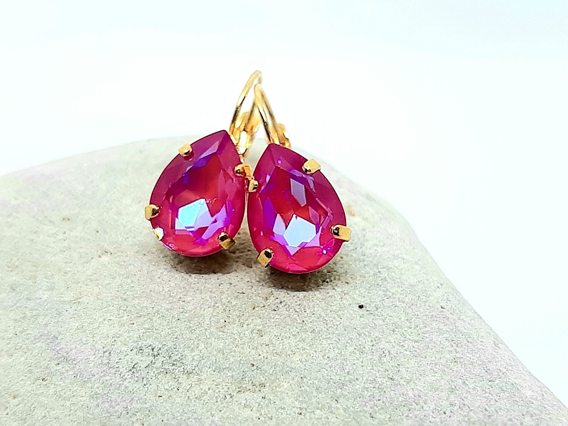 Fuchsia Lacquer Teardrop Earrings | Crystal Pink Pear Earrings