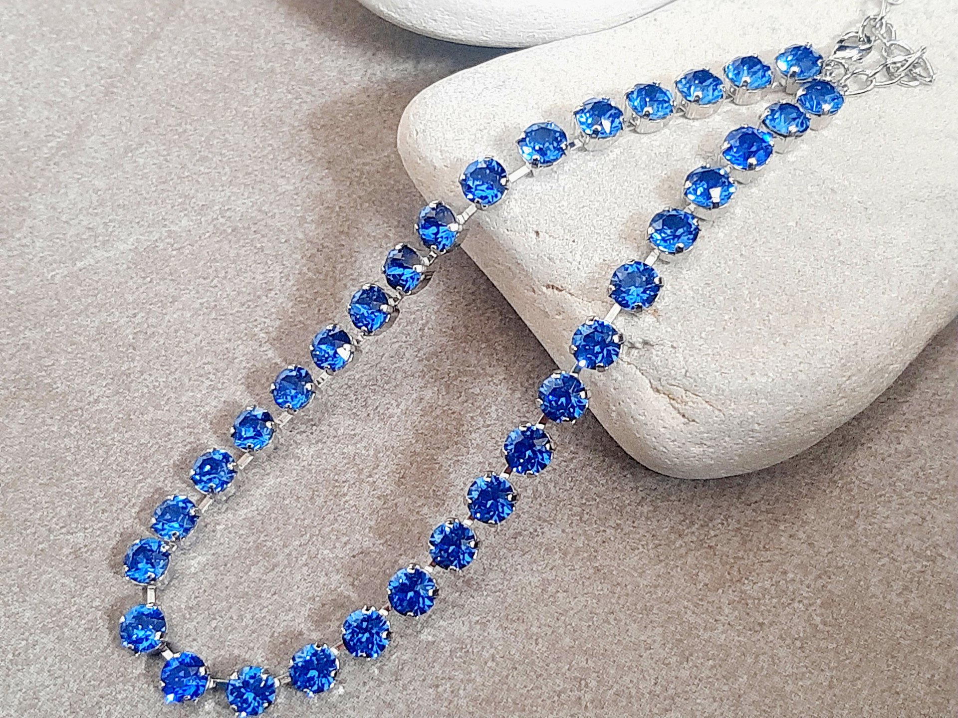 Blue Sapphire Crystal Tennis Necklace | Silver Rhinestone Collet