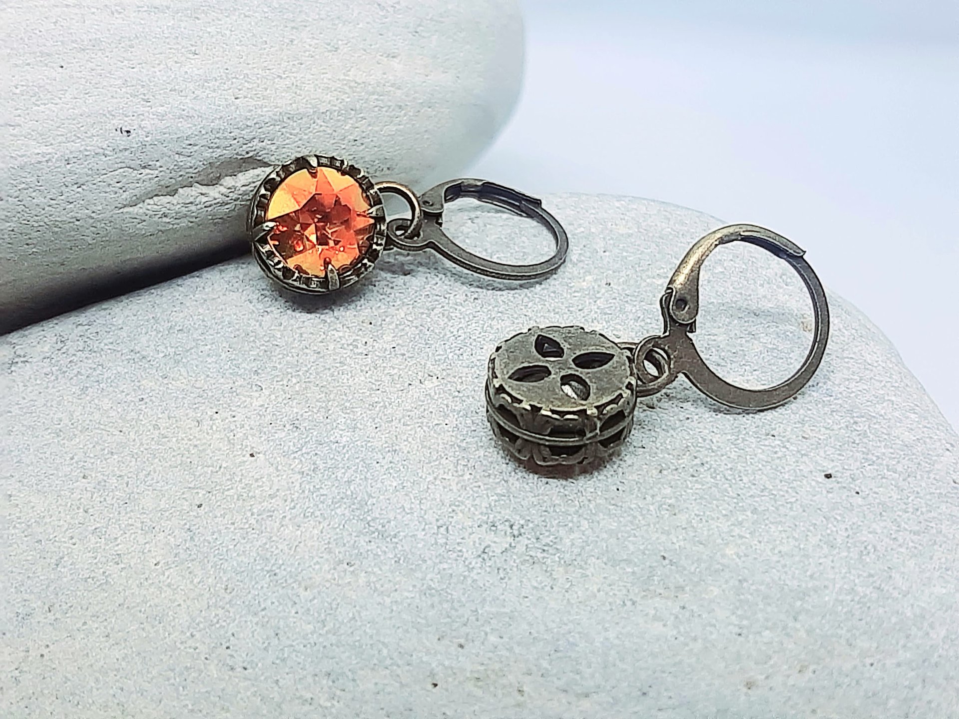 Orange Crystal Huggie Hoop Earrings | Antique Handmade Gift for Daughter