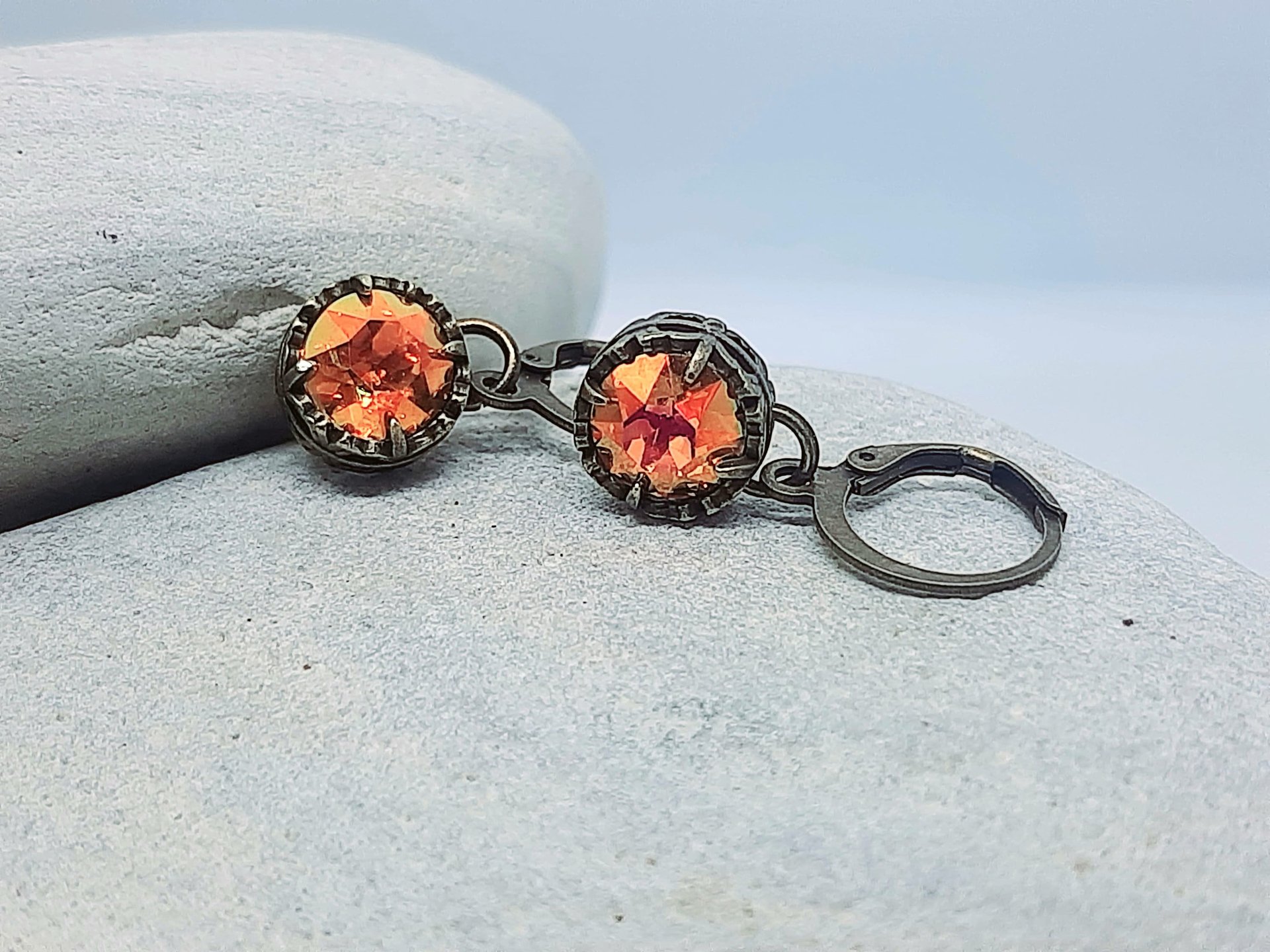 Orange Crystal Huggie Hoop Earrings | Antique Handmade Gift for Daughter