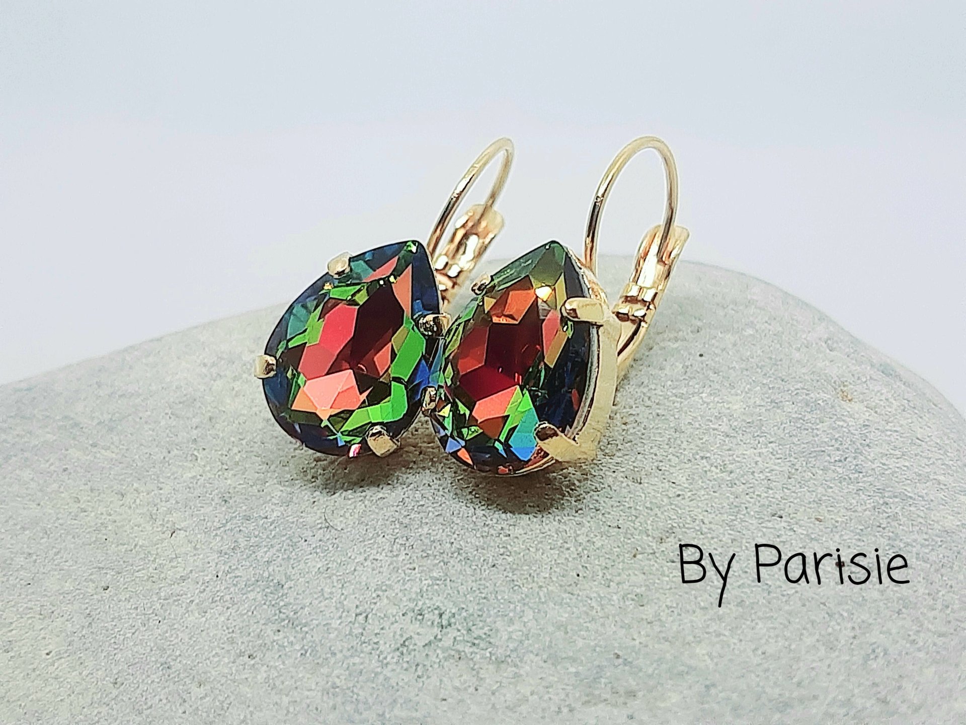 Vitrail Green Teardrop Dangle Earrings in Gold | Artisan Crystal Jewelry