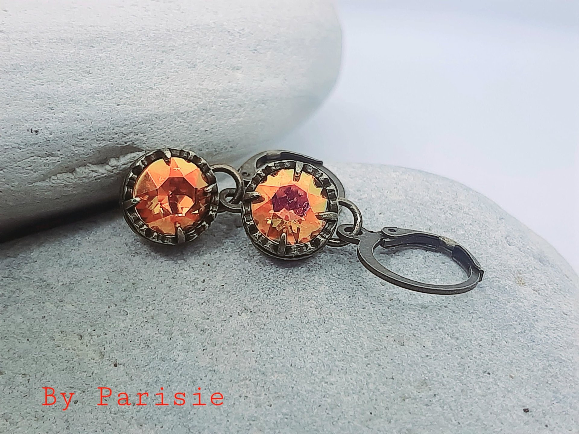 Orange Crystal Huggie Hoop Earrings | Antique Handmade Gift for Daughter