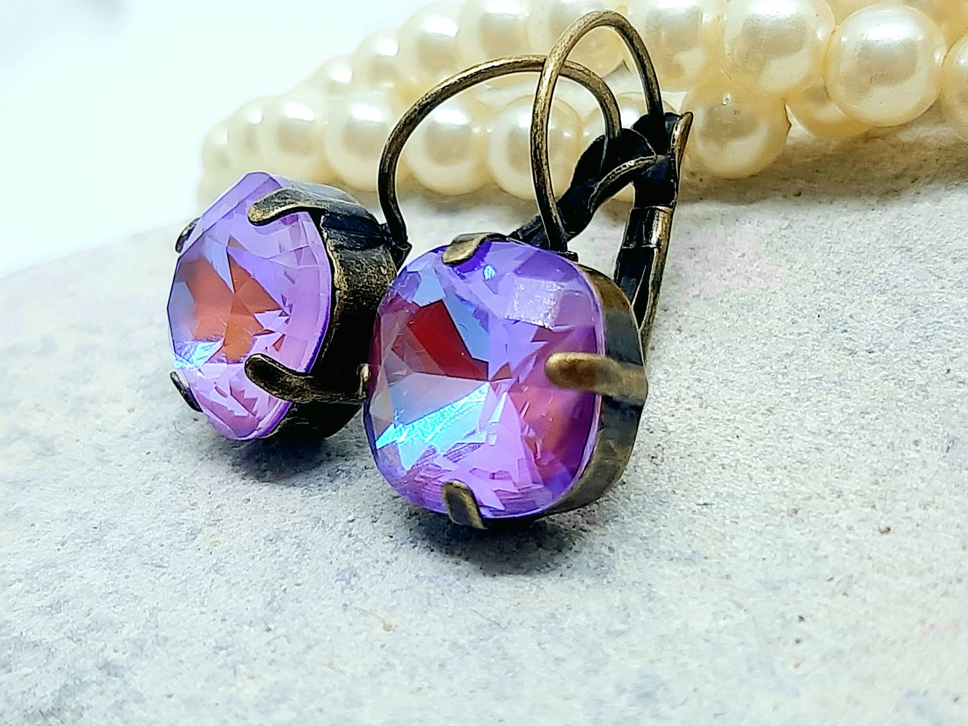 Lotus Pink Crystal Drop Earrings Set | Antique Bronze Cushion Earrings