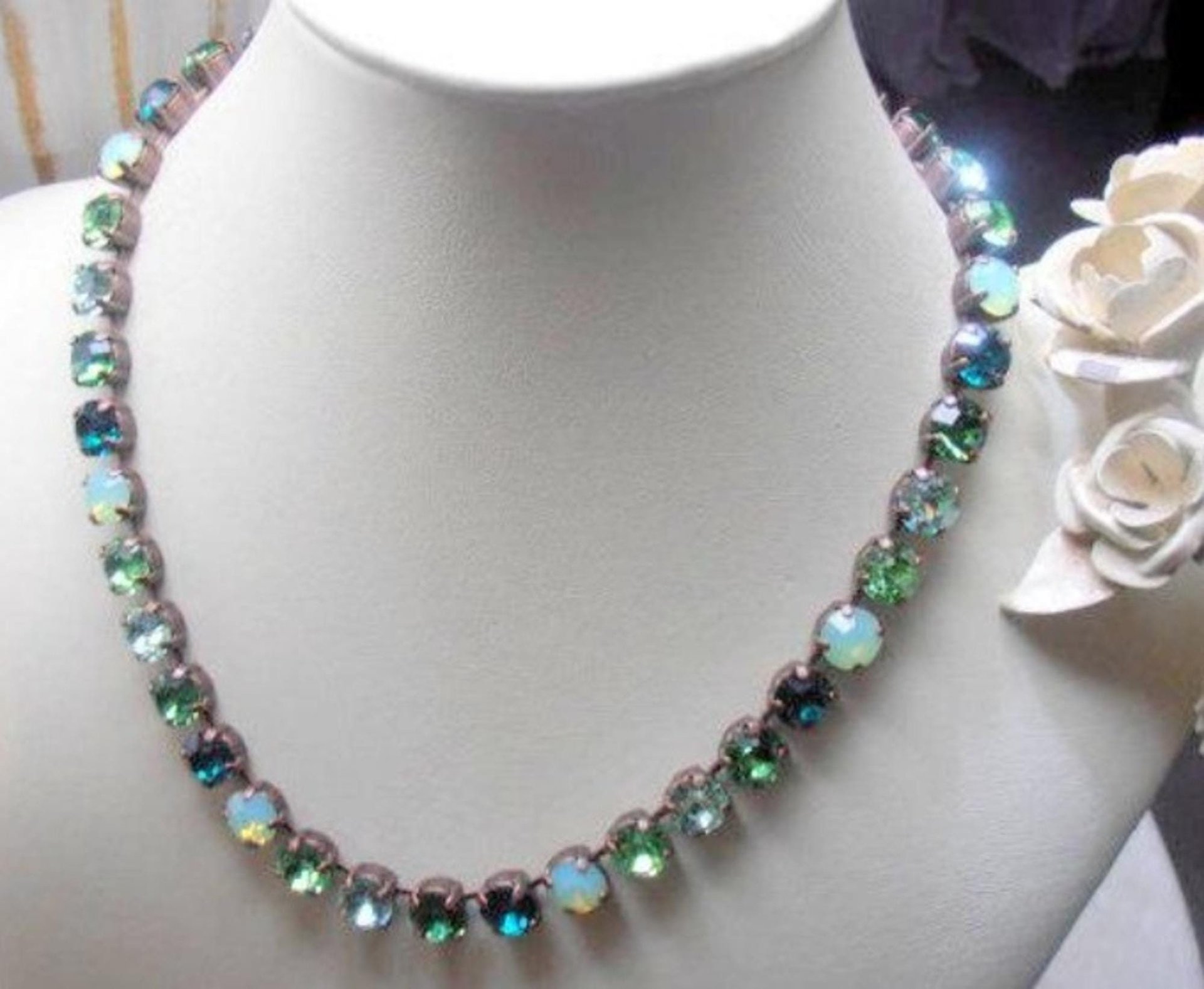 Chrysolite Opal Rhinestone Tennis Necklace | Wife Anniversary Gift
