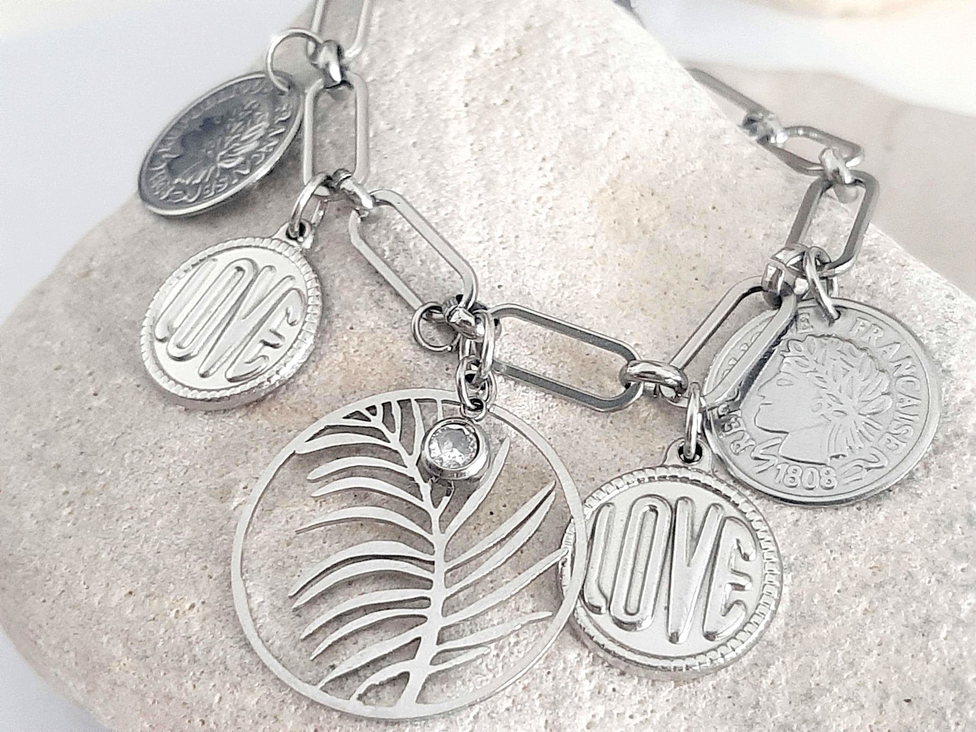 Stainless Steel Charms Bracelet | Multi Charm Bracelet with Silver Coins