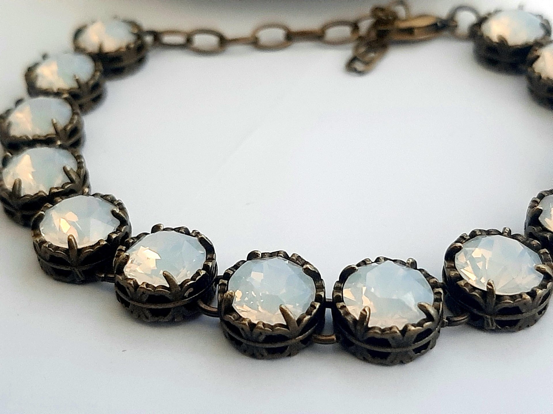 Antique Bronze Bracelet with White Opal Crystals Art Deco Rhinestone Bracelets for Women Unique Filigree Jewelry for Birthday Gift for Mum
