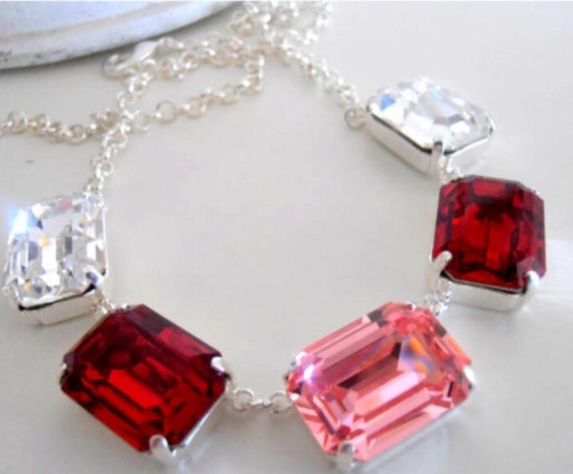 Bold Crystal Statement Necklace: Red, Pink & Clear Octagon Gem - Handmade