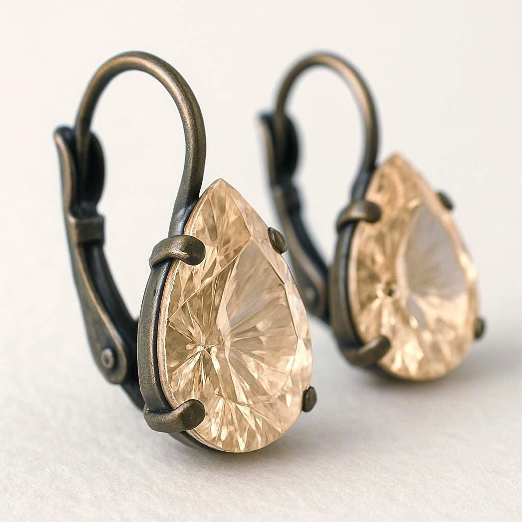 Champagne Crystal Teardrop Earrings: Bronze Leverback Boho Dangles