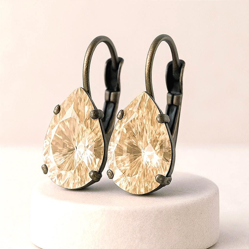 Champagne Crystal Teardrop Earrings: Bronze Leverback Boho Dangles