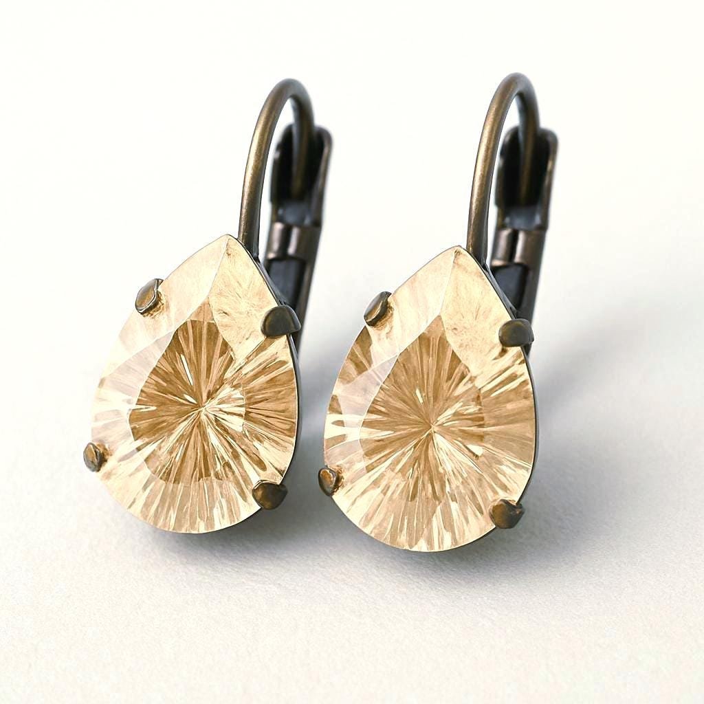 Champagne Crystal Teardrop Earrings: Bronze Leverback Boho Dangles