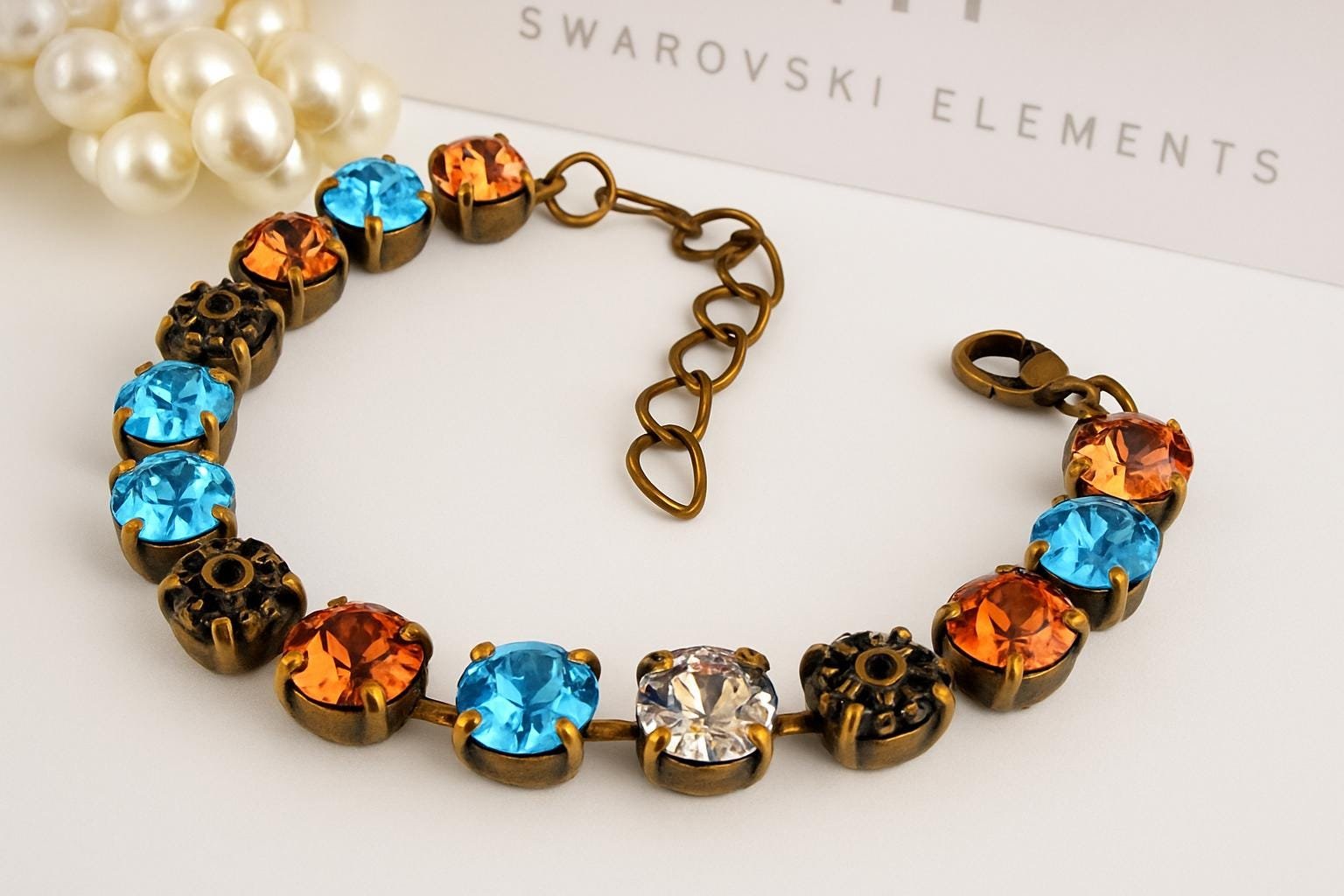 Antique Bronze Crystal Bracelet Vintage Style Cup Chain Bracelets with Austrian Rhinestones Blue & Honey Topaz Jewelry Gift for Sister
