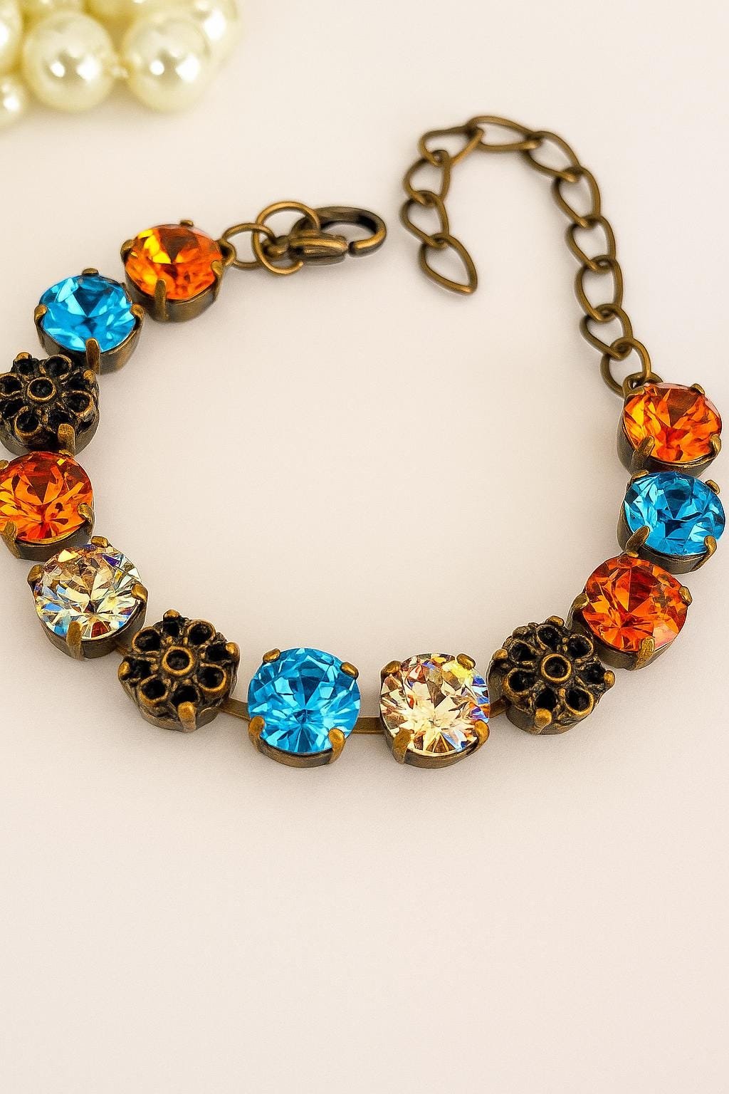 Antique Bronze Crystal Bracelet Vintage Style Cup Chain Bracelets with Austrian Rhinestones Blue & Honey Topaz Jewelry Gift for Sister