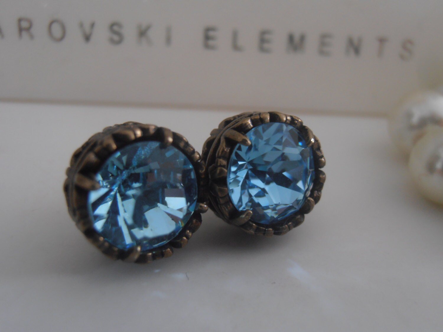 Aquamarine Crystal Earrings / Blue Stud Earrings /Art Deco Pierced Post Earring / Filigree Antique Bronze / Summer Birthday Gift /