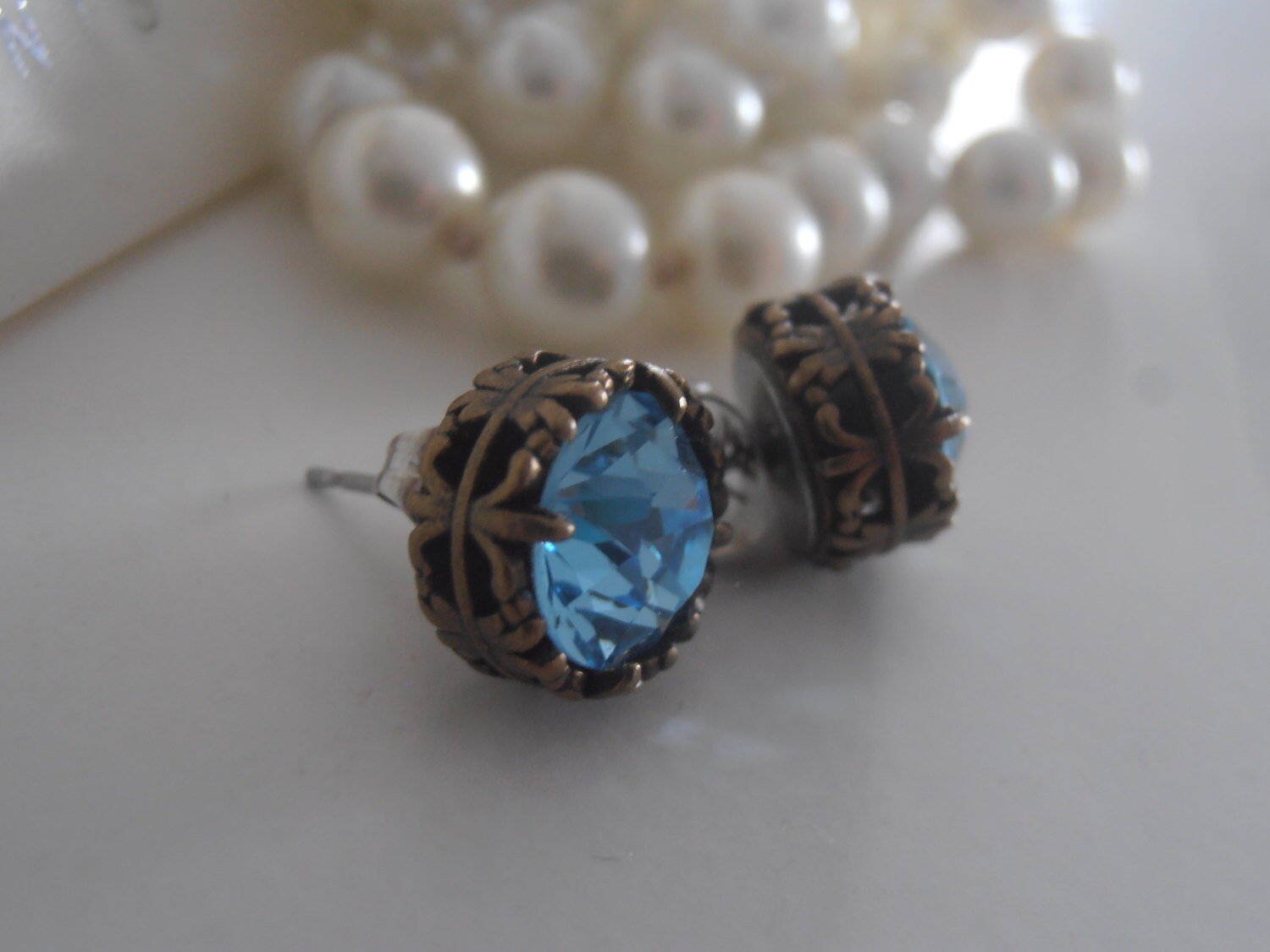 Aquamarine Crystal Earrings / Blue Stud Earrings /Art Deco Pierced Post Earring / Filigree Antique Bronze / Summer Birthday Gift /