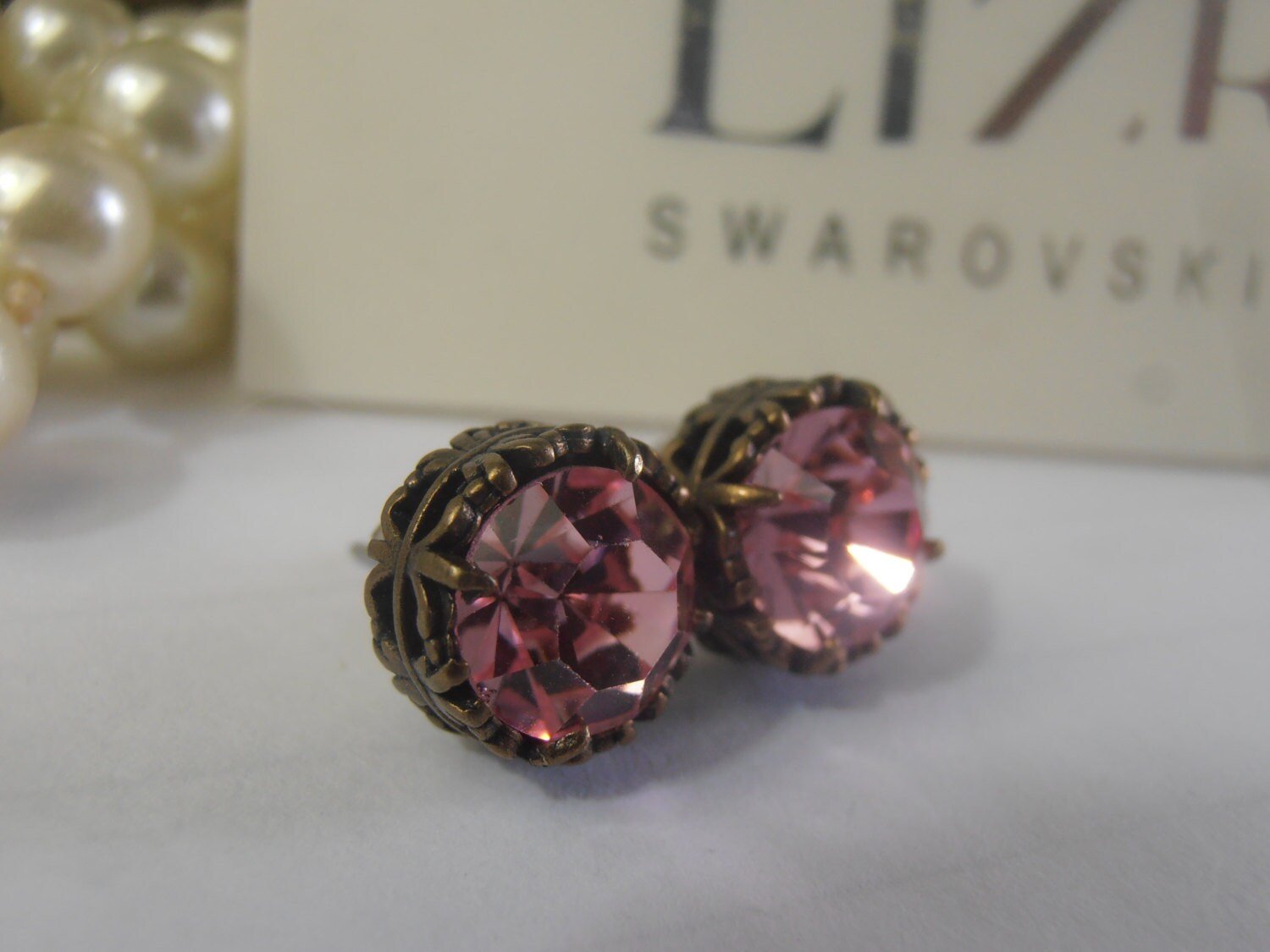 Light Rose Crystal Stud Earrings, Art Deco Post, Antique Bronze Jewelry, Girl Birthday Gift