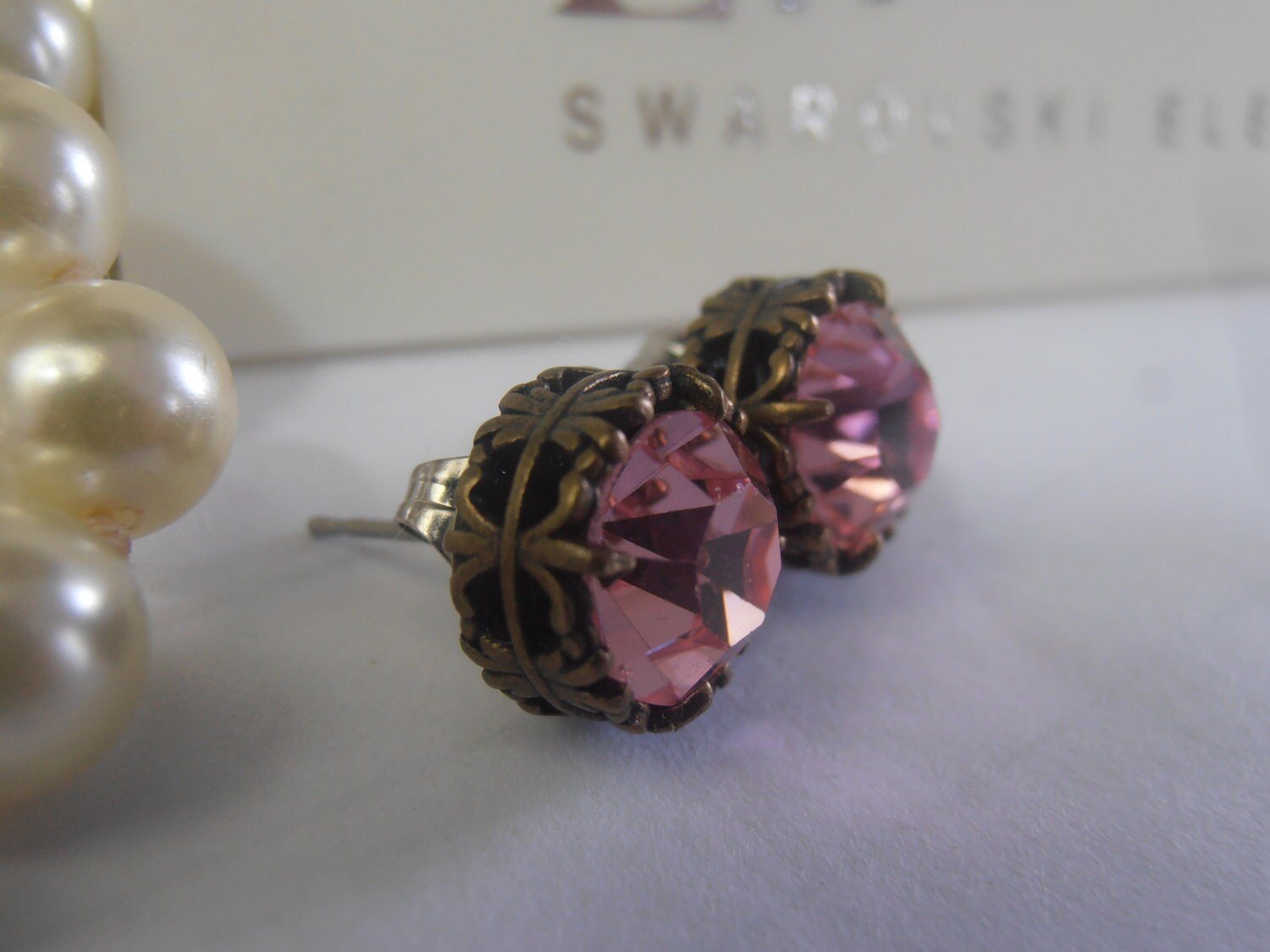 Light Rose Crystal Stud Earrings, Art Deco Post, Antique Bronze Jewelry, Girl Birthday Gift