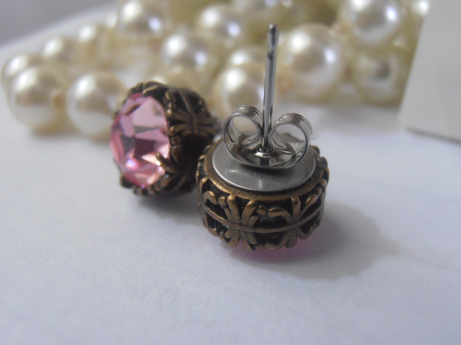 Light Rose Crystal Stud Earrings, Art Deco Post, Antique Bronze Jewelry, Girl Birthday Gift