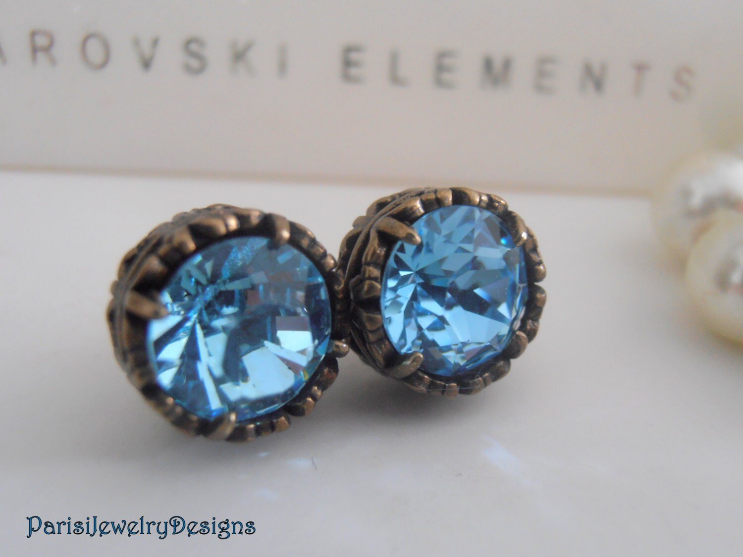 Aquamarine Crystal Earrings / Blue Stud Earrings /Art Deco Pierced Post Earring / Filigree Antique Bronze / Summer Birthday Gift /