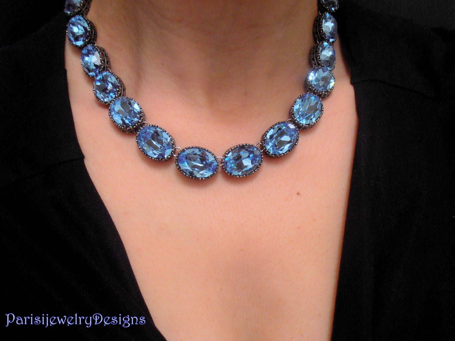 Anna Wintour Necklace, Aquamarine Oval Choker for Women, Georgian Blue Riviere Collet, Art Deco Jewelry, Birthday Gift