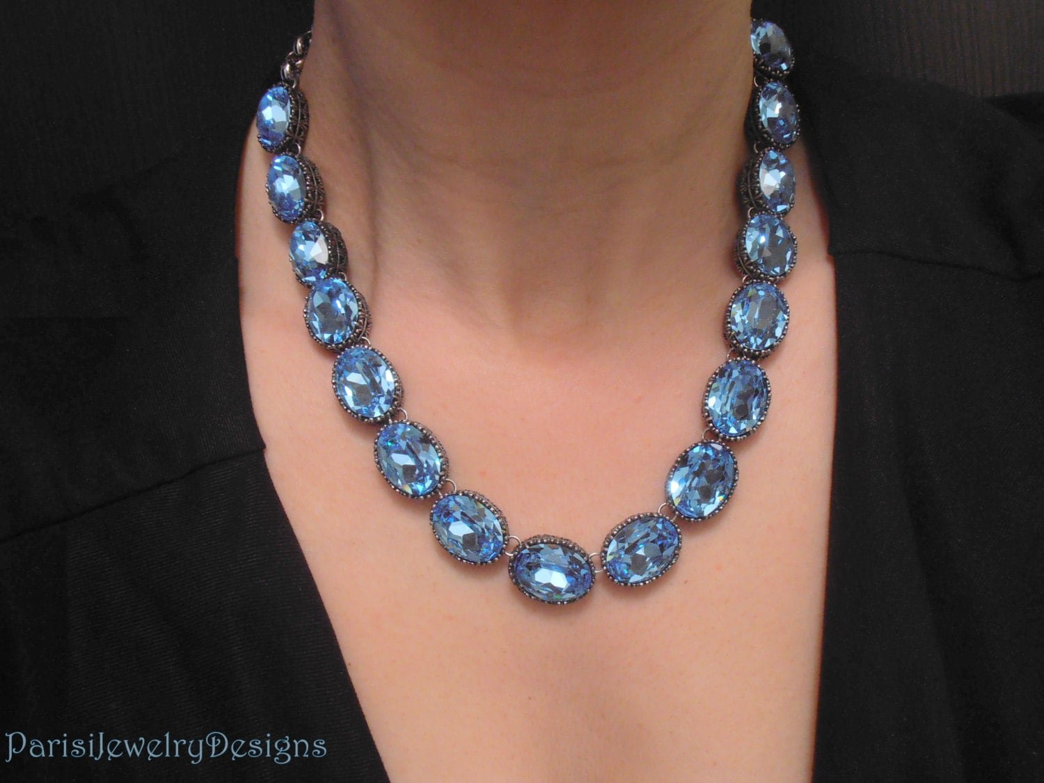 Anna Wintour Necklace, Aquamarine Oval Choker for Women, Georgian Blue Riviere Collet, Art Deco Jewelry, Birthday Gift