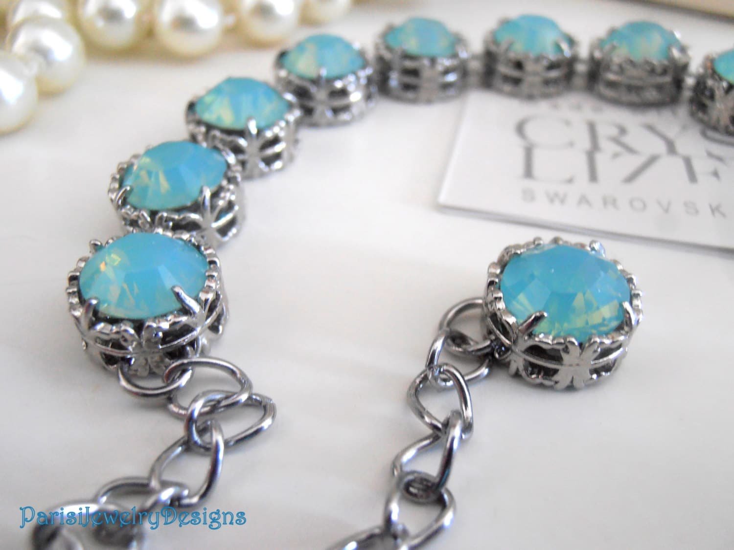 Pacific Opal Filigree Bracelet with  Cystals / Art Deco Platinum Jewelry / Blue Filigree Bridesmaids Bracelet / Women Gift