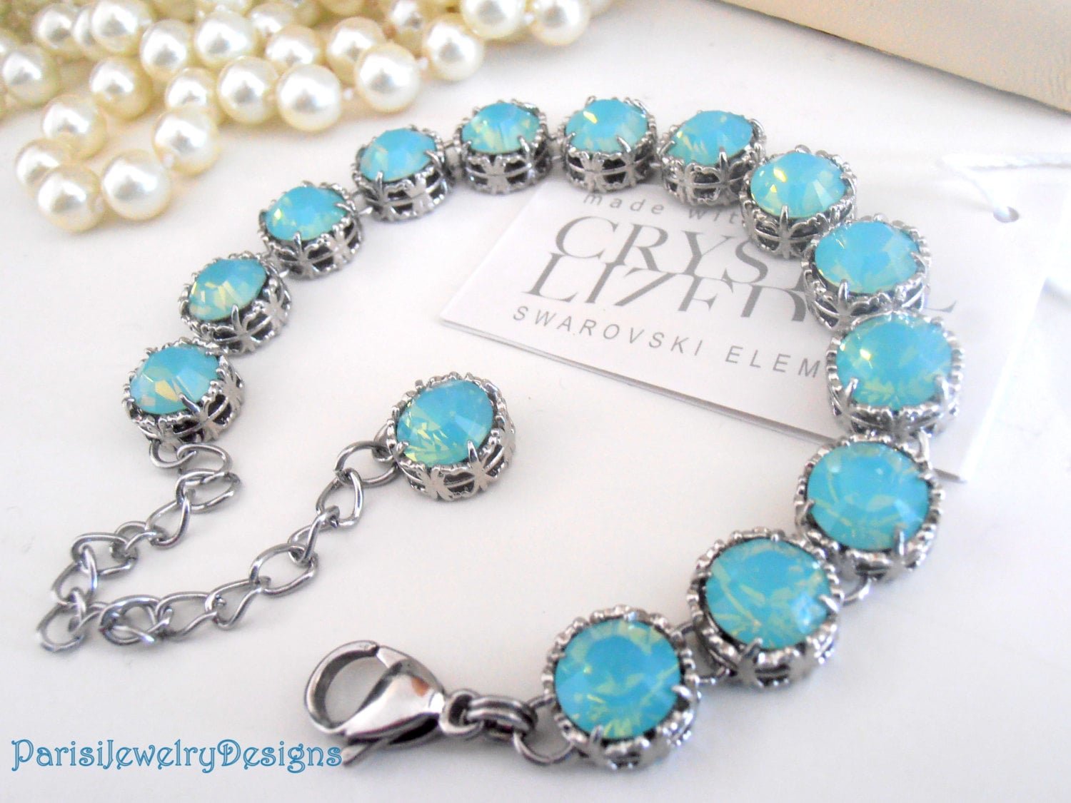 Pacific Opal Filigree Bracelet with  Cystals / Art Deco Platinum Jewelry / Blue Filigree Bridesmaids Bracelet / Women Gift