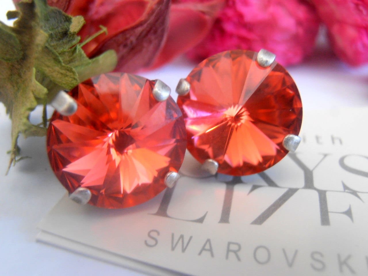 Padparadscha Orange Stud Earrings 12mm, Crystal Rivoli Party Jewelry, Antique Silver Round Post, Girl Prom Gift