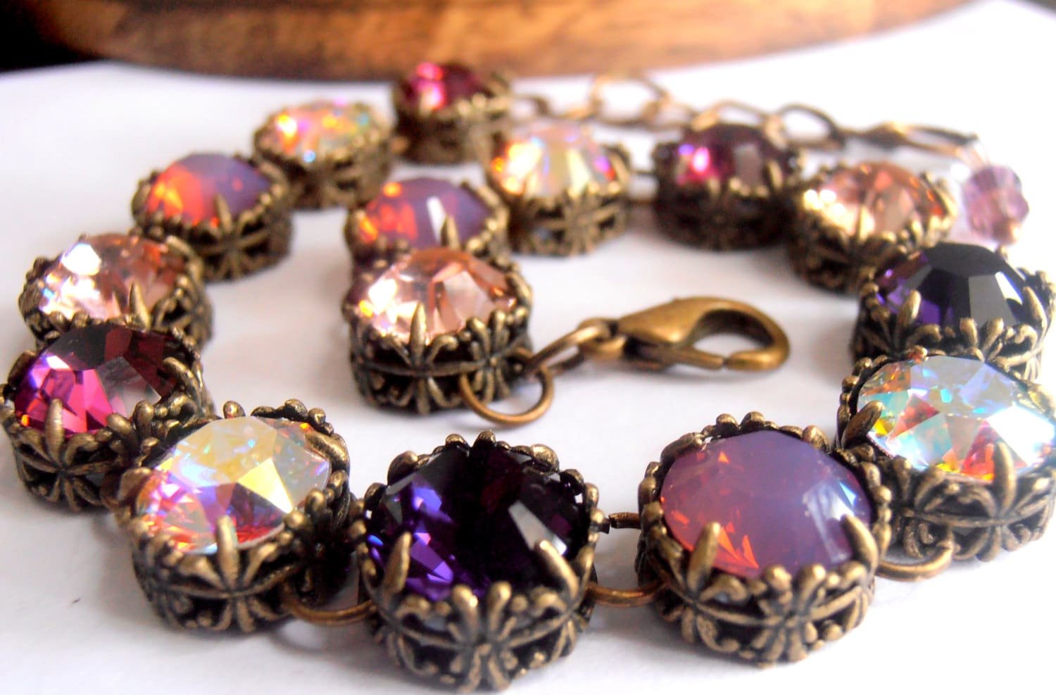 Art Deco Crystal Bracelet made with Multi-color Purple Crystals Antique Bronze Jewelry Gift for Mom Vintage Filigree Bracelet