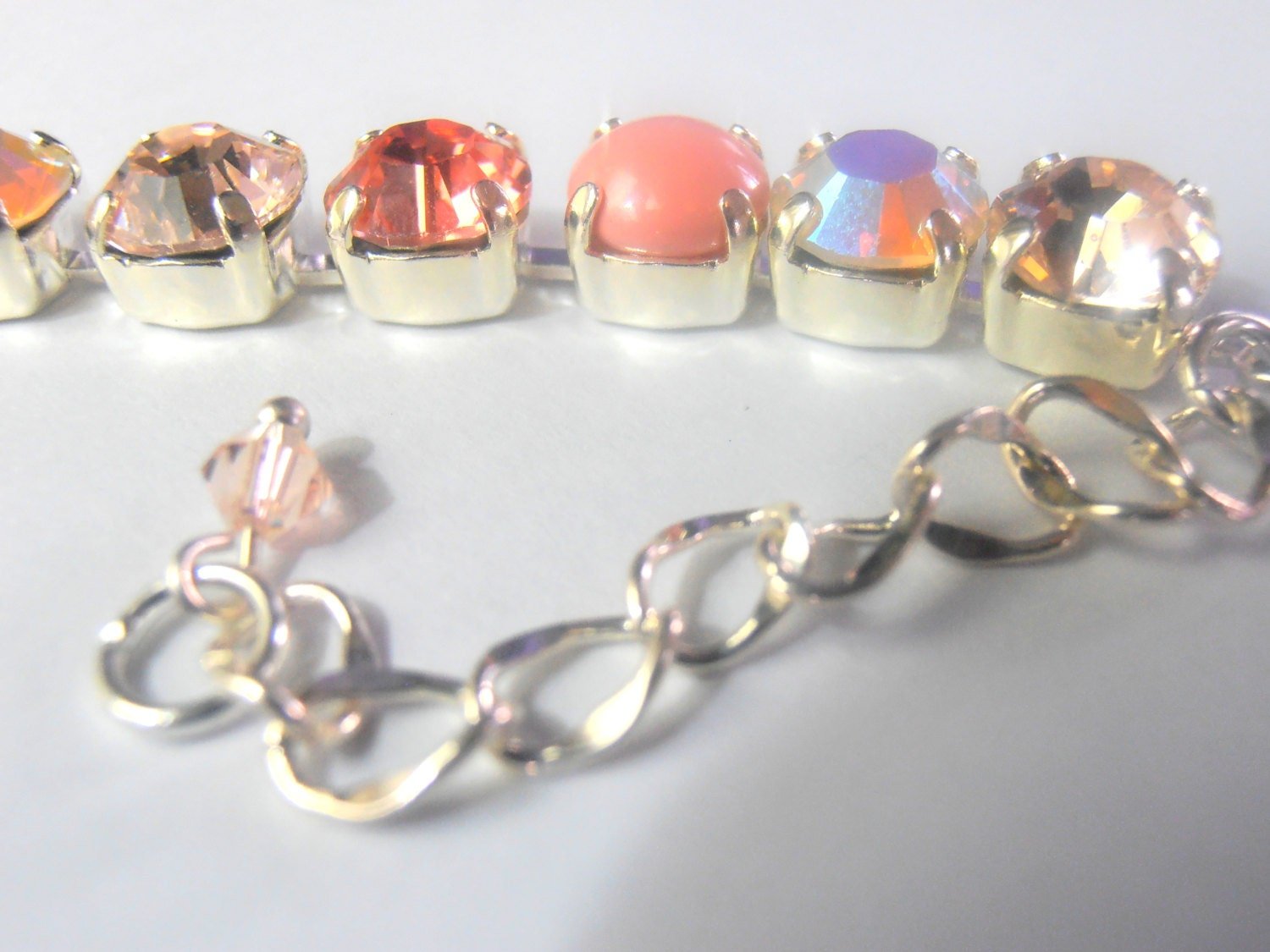 Peach Multi color cup chain Bracelet / Crystal Handmade Tennis Jewelry / Birthday Gift  / Chatons 8mm in Silver Setting