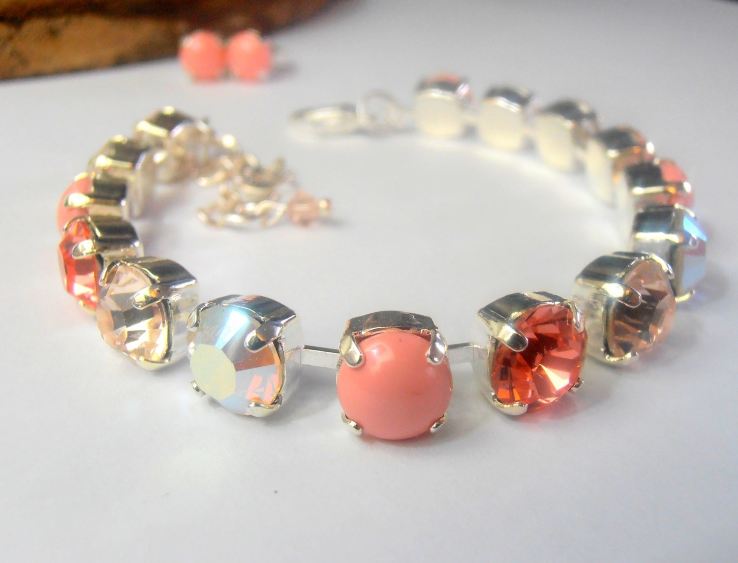 Peach Multi color cup chain Bracelet / Crystal Handmade Tennis Jewelry / Birthday Gift  / Chatons 8mm in Silver Setting