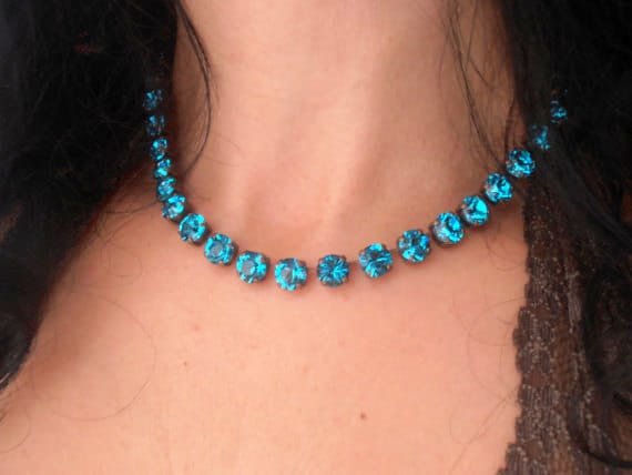 Teal Blue Crystal Graduate Tennis Necklace in Copper, Indicolite Cup chain Choker, Antique Jewelry for Girls, Mom Gifts