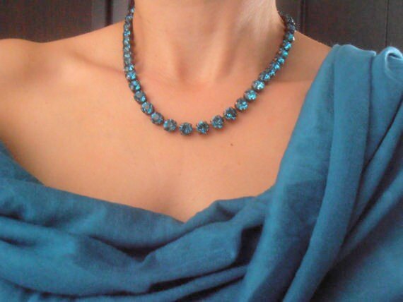 Teal Blue Crystal Graduate Tennis Necklace in Copper, Indicolite Cup chain Choker, Antique Jewelry for Girls, Mom Gifts