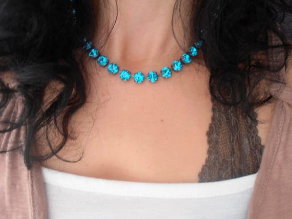 Teal Blue Crystal Graduate Tennis Necklace in Copper, Indicolite Cup chain Choker, Antique Jewelry for Girls, Mom Gifts